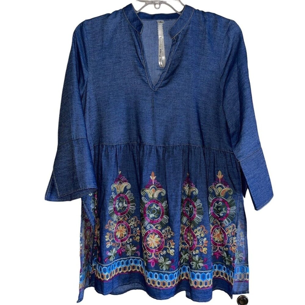 Anthropologie Uncle Frank Blue Denim Embroidered BOHO Split Neck Peasant Top SM - Picture 2 of 13